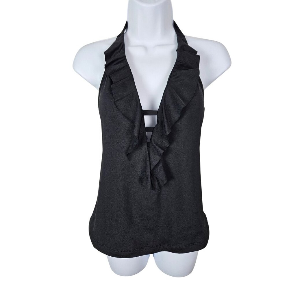 Kona Sol Womens Black Ruffled Halter Tankini Swim Top Strappy Front Size M 8-10 - Picture 3 of 9